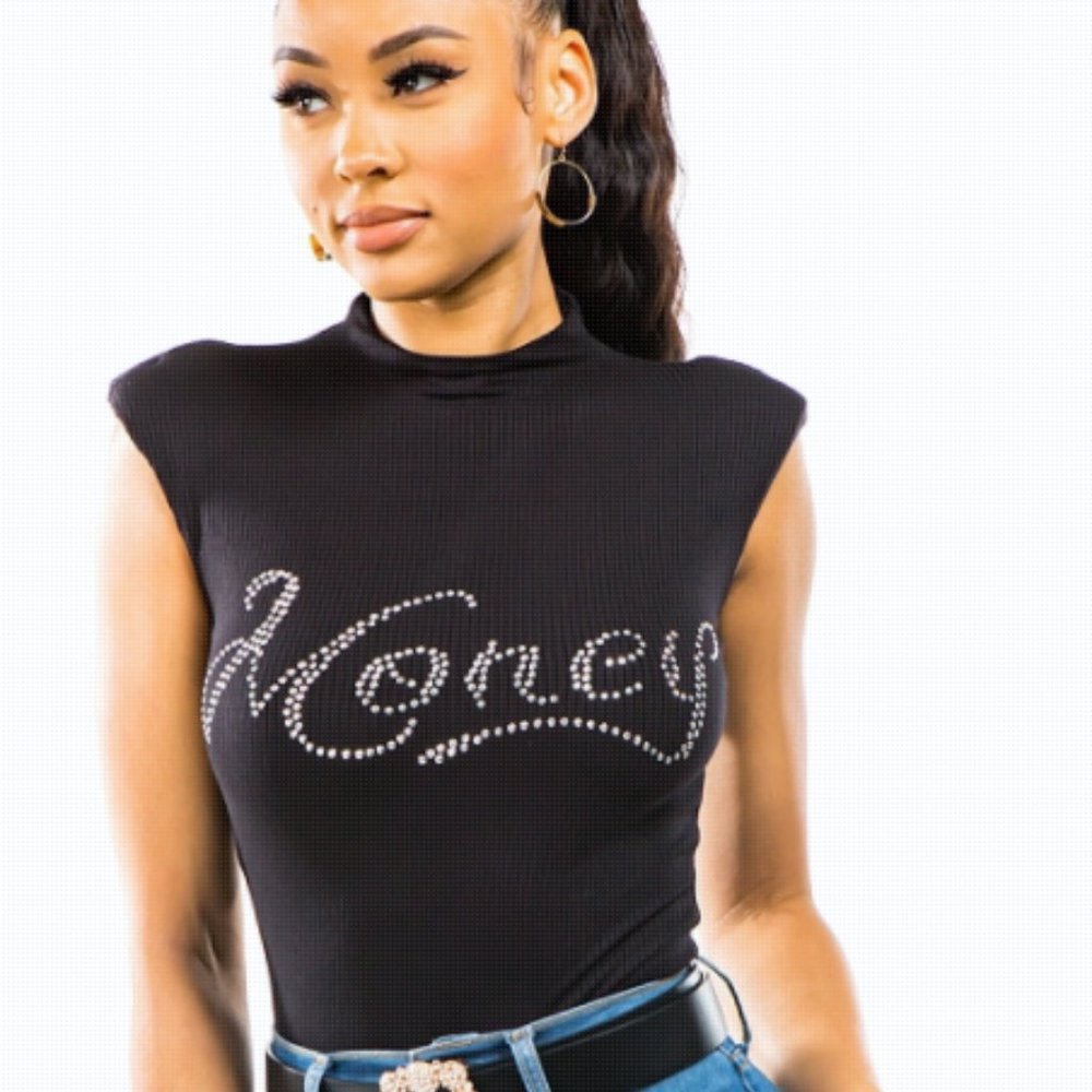 SOLID RIB RHINESTONE BODYSUIT "MONEY"